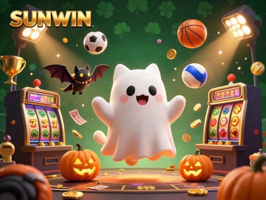 SUNWIN showcases a dynamic casino scene filled with vibrant characters, spinning slot reels, and sports elements for gamblers.