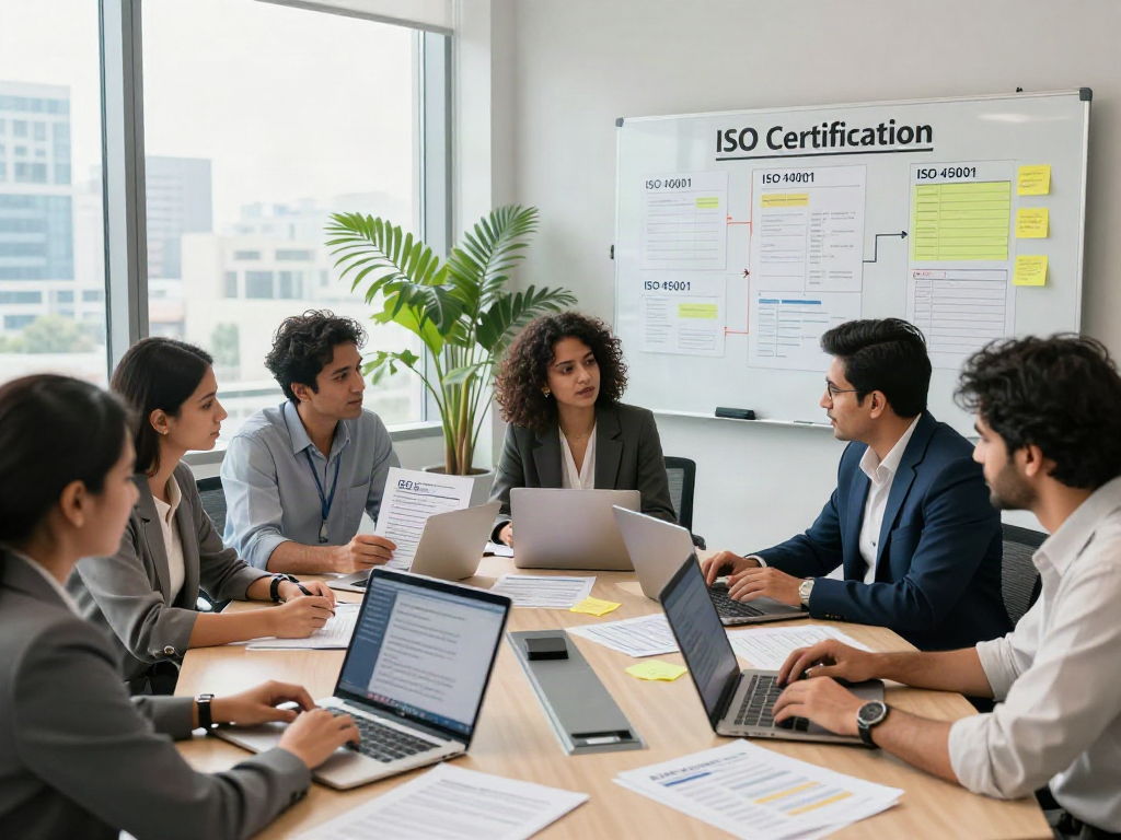 ISO Certification in Pakistan consultation team reviewing standards in a modern office.