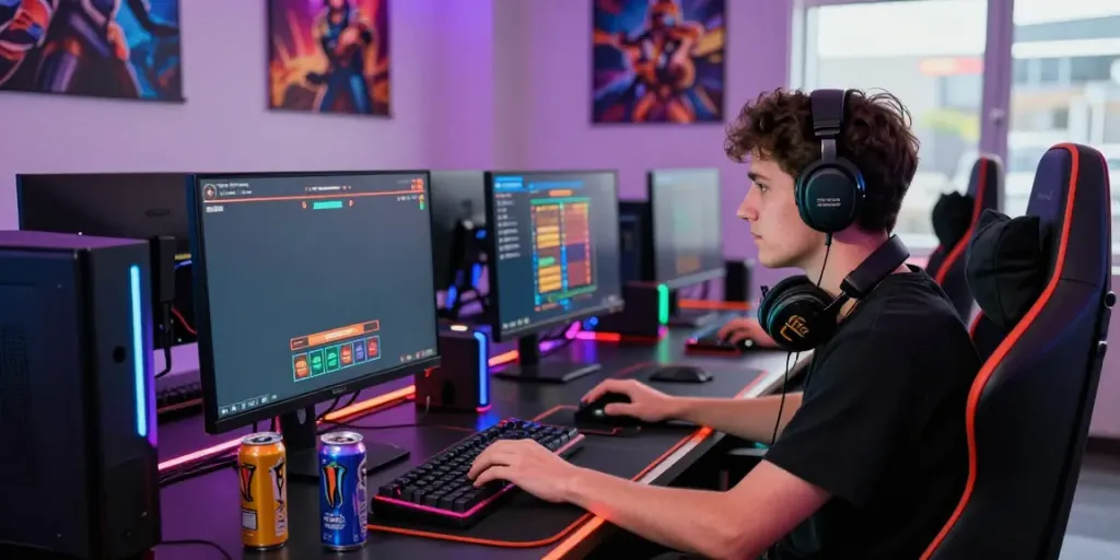Engaging scene of a player immersed in non gamstop casinos gaming experience with colorful LED setup.
