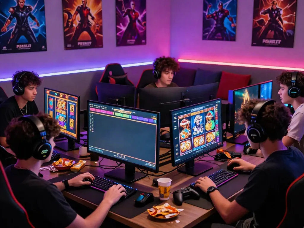 Players enjoying PSGSLOT games in a vibrant gaming setup with colorful screens and ambient lighting.