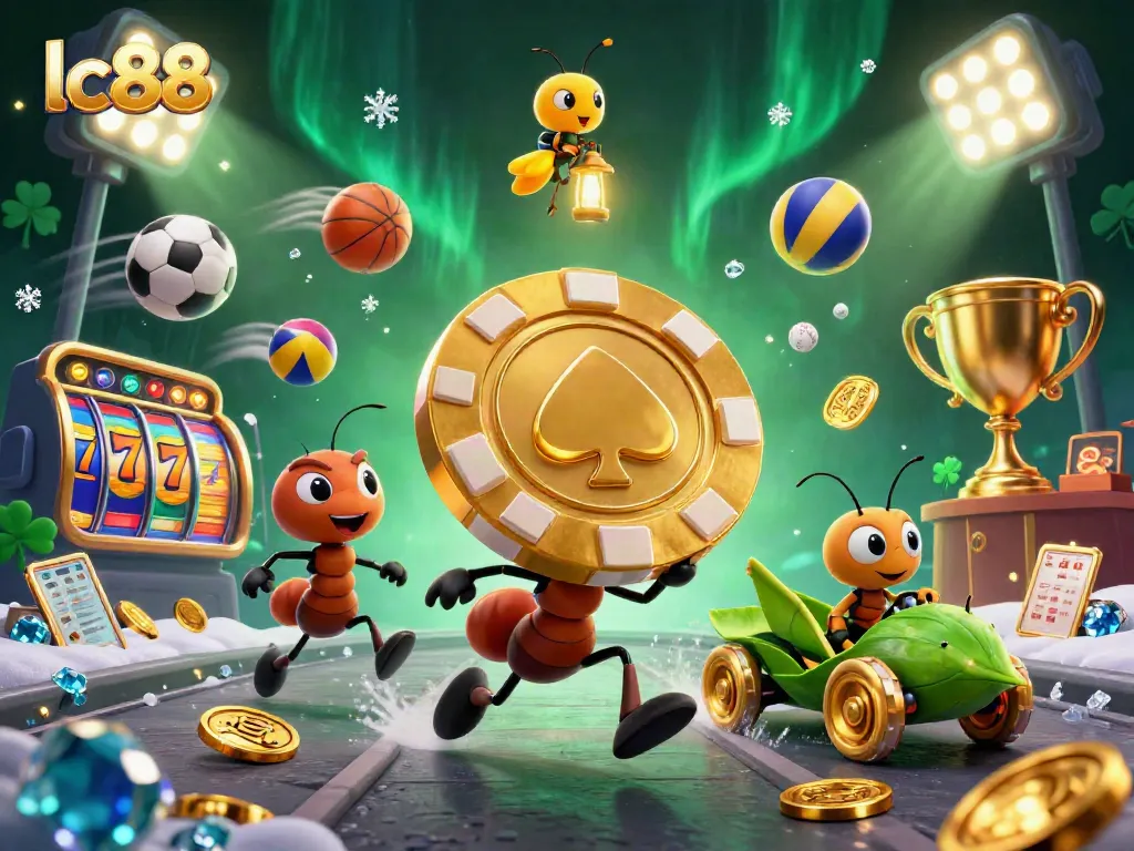 Ants perform a heist with a golden poker chip in the vibrant lc88 casino scene.