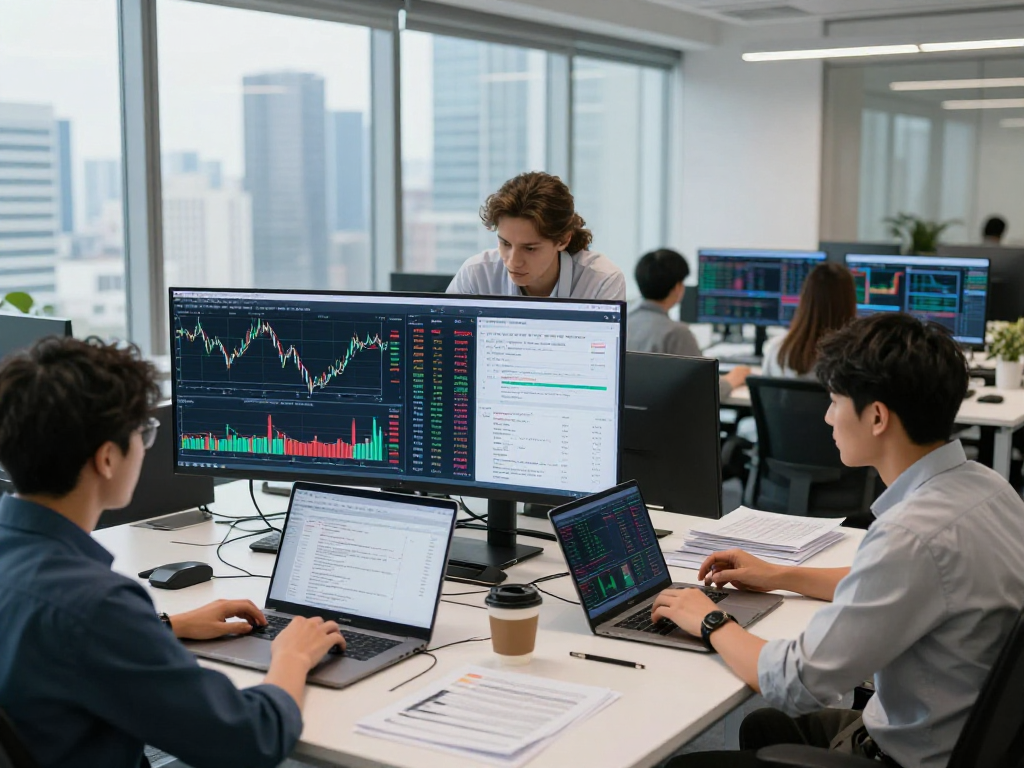 专业团队在现代办公室分析股指回测数据接口，展示金融市场实时数据和协作氛围。