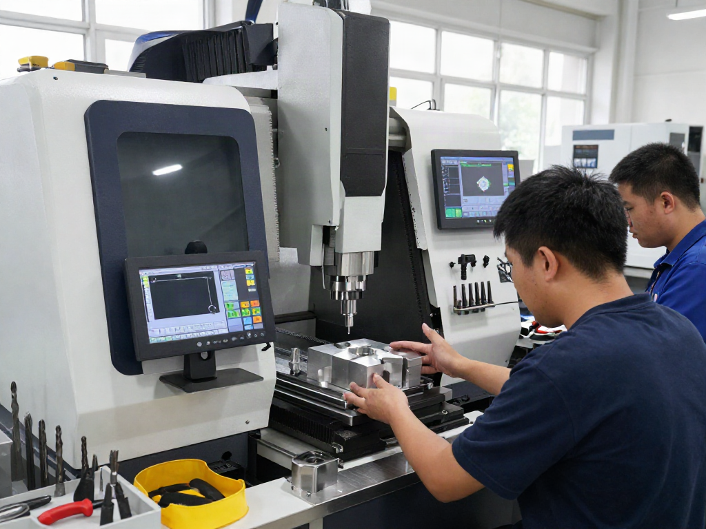 CNC machining parts manufacturer workshop with skilled technicians and advanced machinery creating precision components.