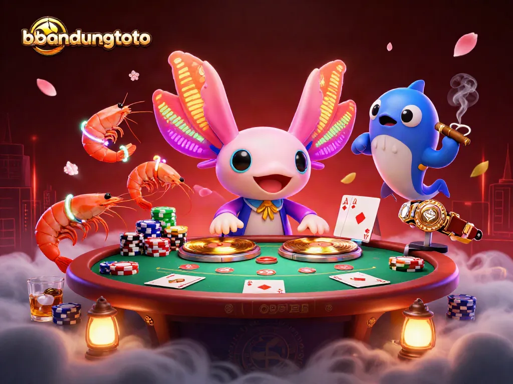 Experience the vibrant energy of bandungtoto with a neon axolotl DJ and poker action.
