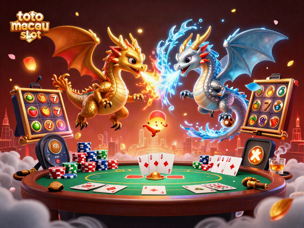 Menggenggam keberuntungan dengan slot toto macau, dua naga 3D terbang dikelilingi elemen kasino meriah.