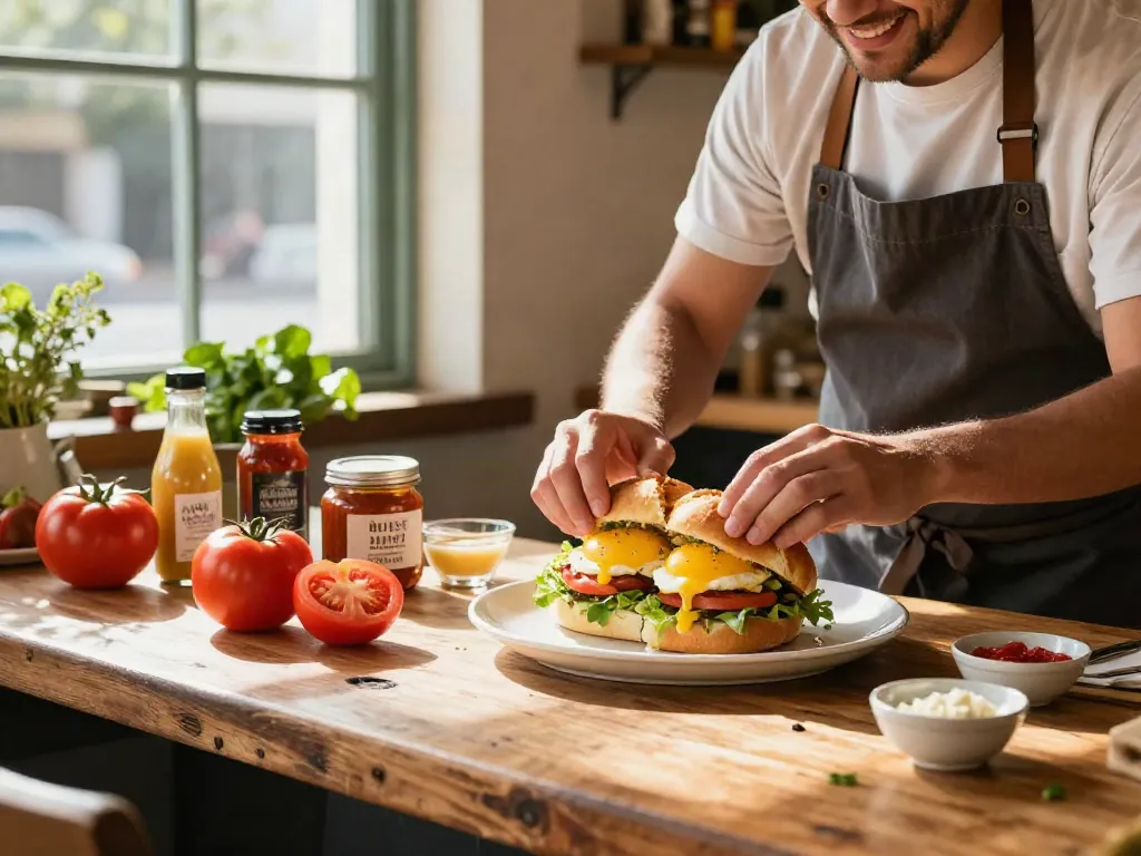 Delicious NYC-inspired breakfast sandwiches showcasing Eggman style in a vibrant cafe, perfect for breakfast near me (Austin Texas area).
