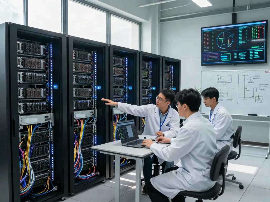 Engineers analyzing performance metrics in a high-tech AI data center with GPU racks.