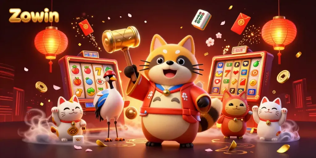 Zowin brings excitement to players with colorful maneki-neko cats and cheerful characters in a vibrant casino setting.