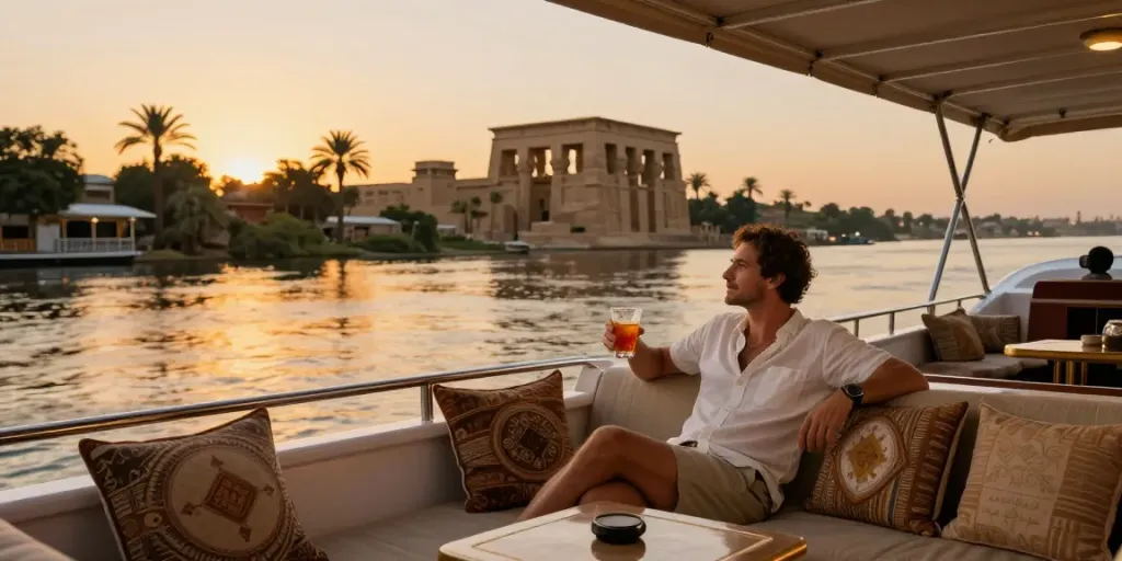 Nile River cruises at sunset with luxury boat and ancient views.