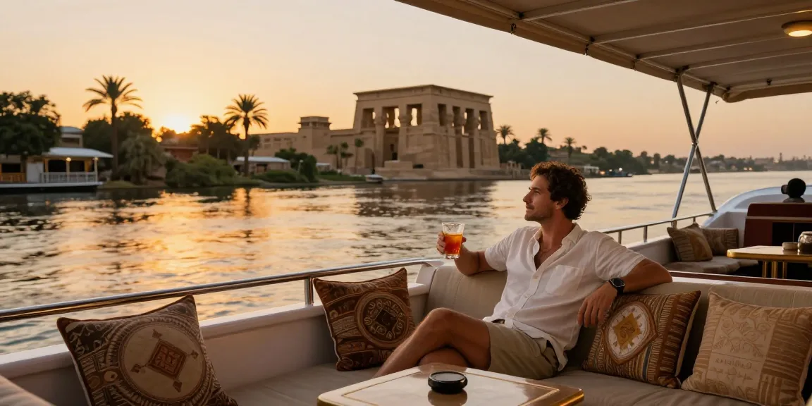 Nile River cruises at sunset with luxury boat and ancient views.