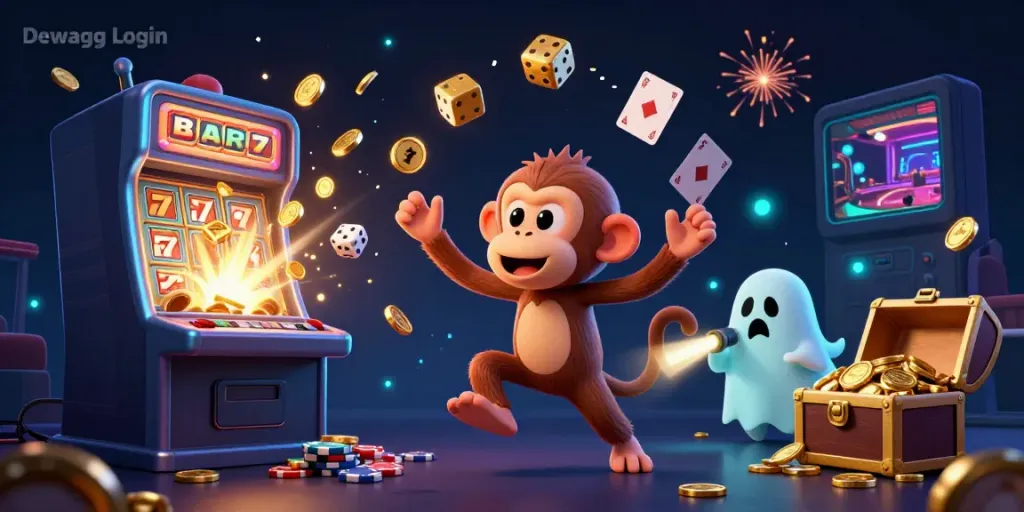 Dewagg Login showcases a magical haunted casino scene with a juggling monkey and ghost-hunter puppy.
