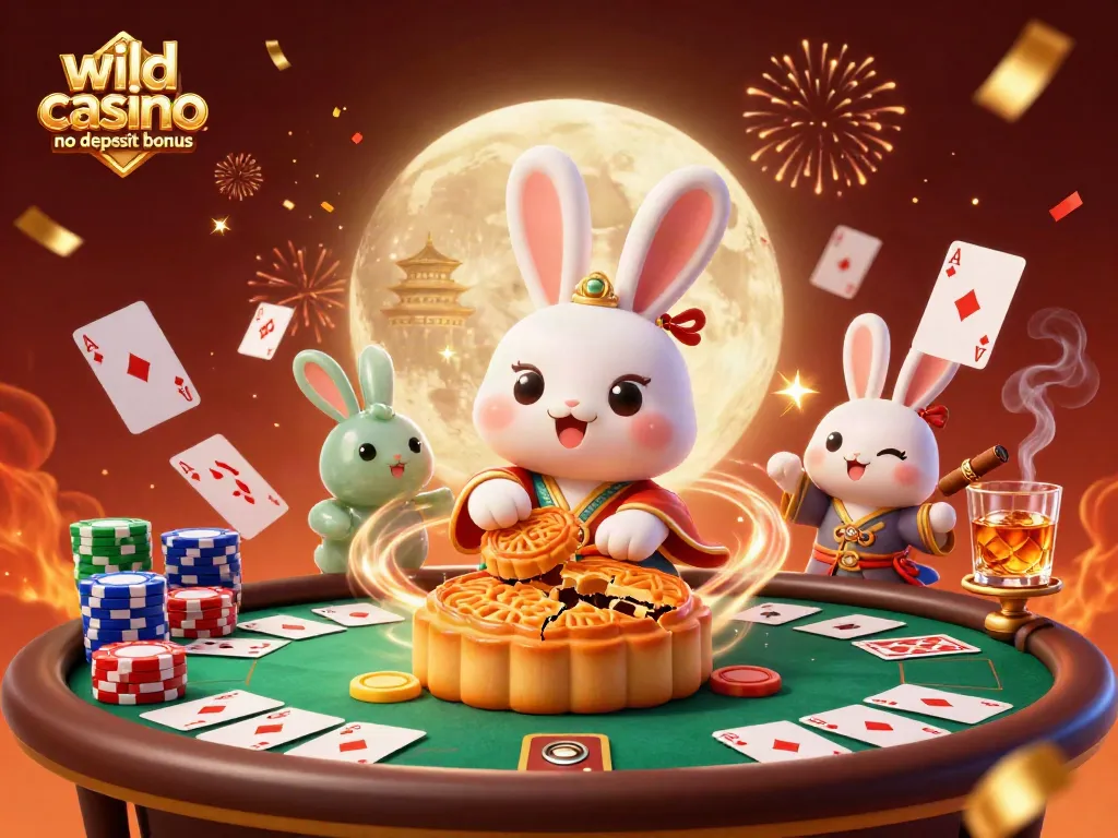 Experience the excitement with wild casino no deposit bonus, as moon rabbits reveal poker chips amid vibrant casino elements.