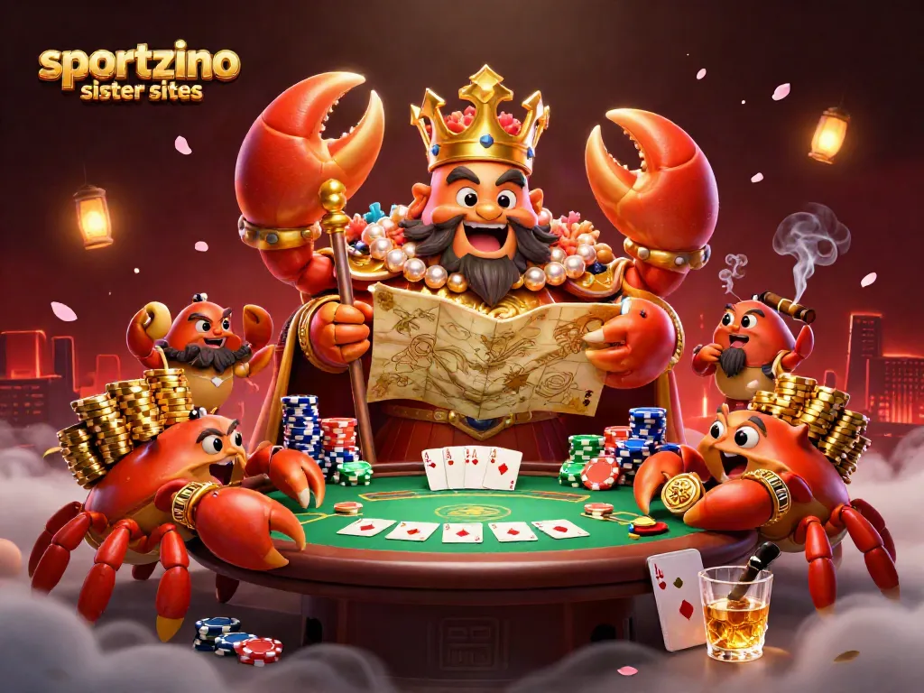 Play at sportzino sister sites with a golden crab emperor, poker elements, and vibrant casino atmosphere.