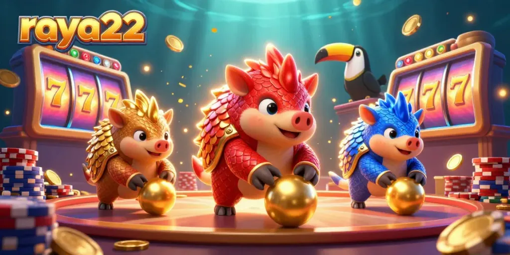 Raya22 merayakan kemenangan dengan ilustrasi 3D kasino penuh warna dan aksi.