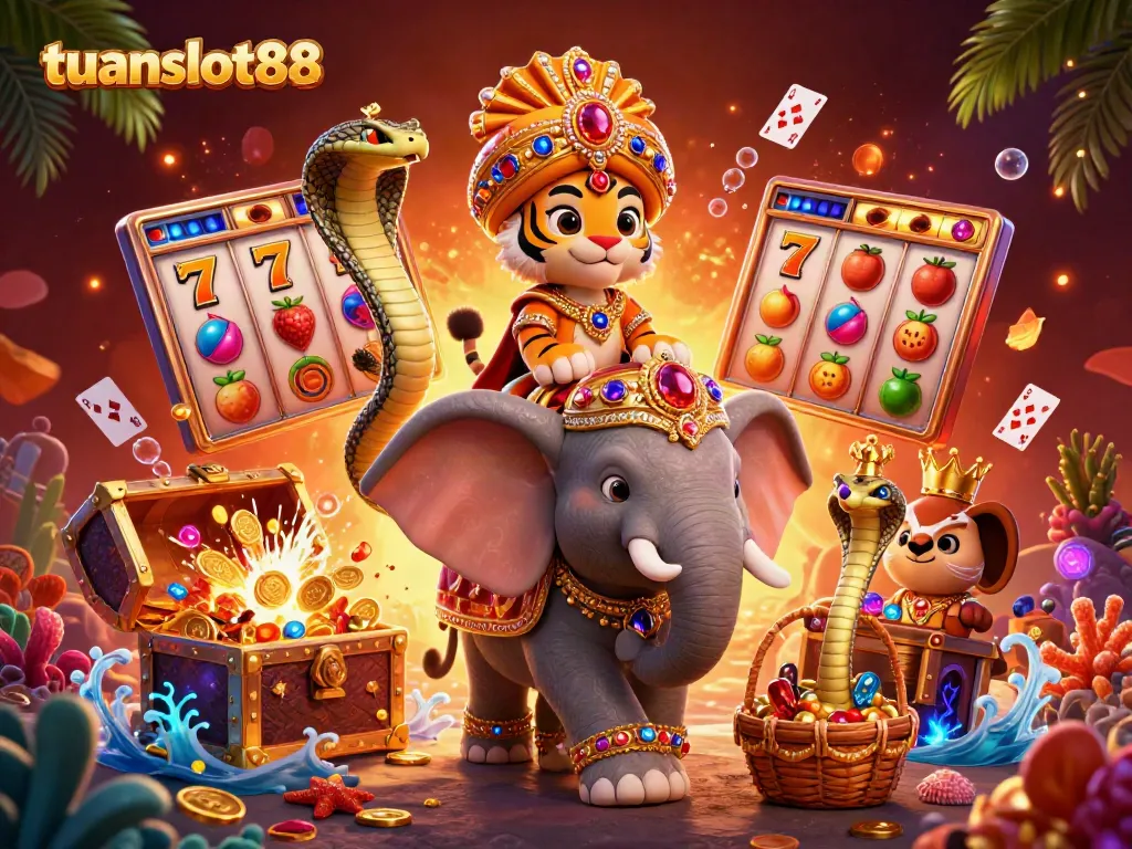 Slot hoki tuanslot88 dengan berbagai simbol kemenangan mewah dalam 3D penuh warna.