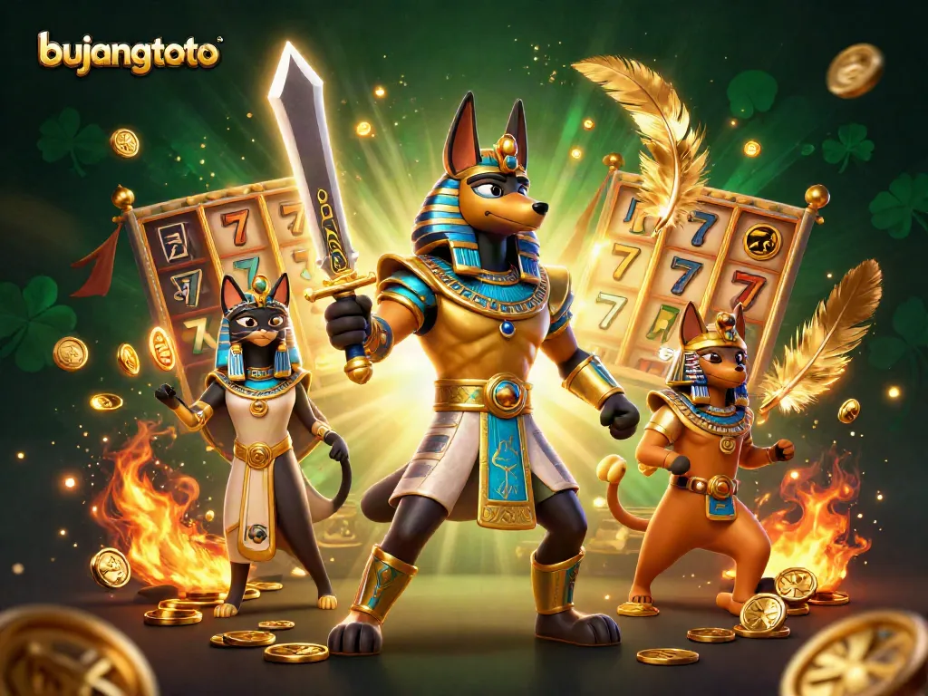 Experience thrilling moments at bujangtoto with ancient Egyptian warrior Anubis amid dynamic casino elements.