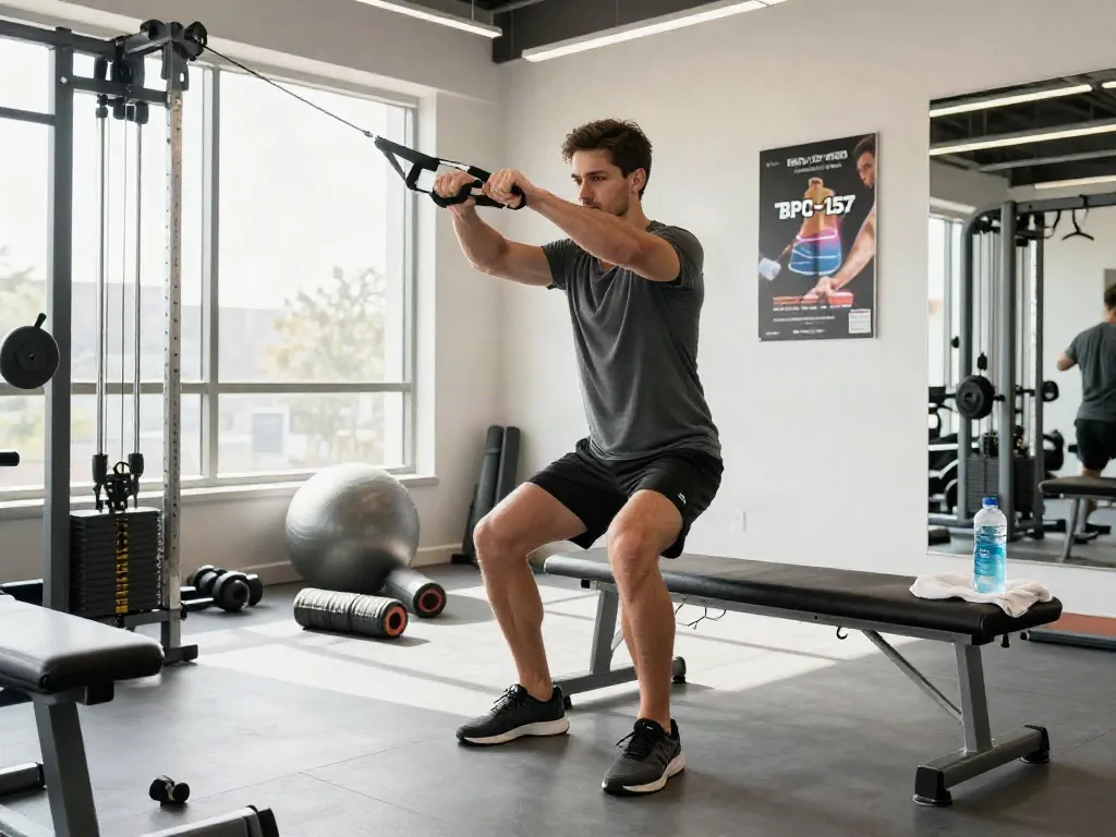 BPC-157 TB-500 recovery focused workout scene in a gym