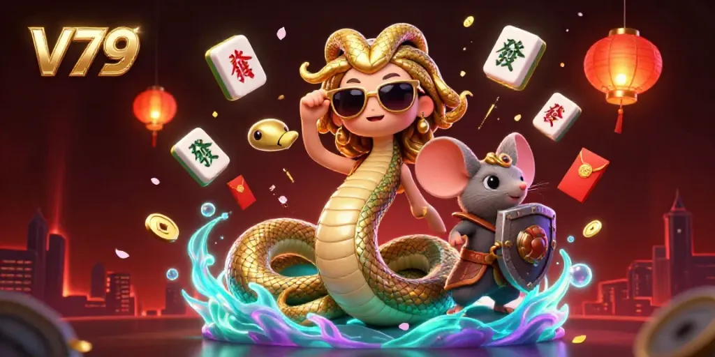 Experience thrilling games at V79 with a vibrant 3D illustration of adventurous casino elements.