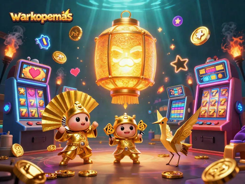 Ikon warkopemas menampilkan permainan slot dan simbol keberuntungan dengan suasana kasino