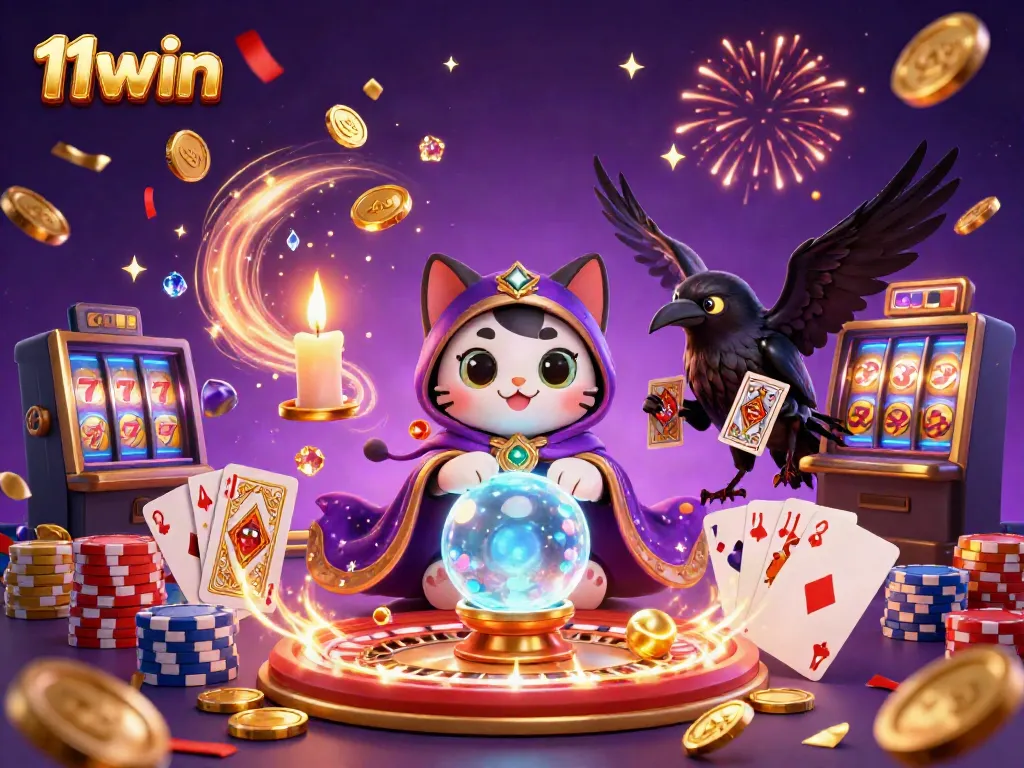 Experience 11win casino magic with a mystic cat, a raven, and vibrant gaming elements.