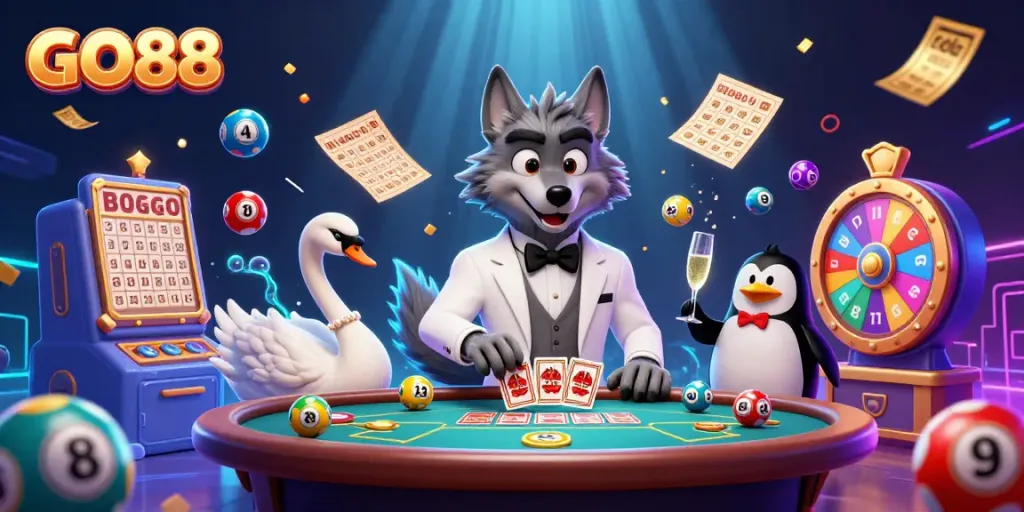 Experience GO88's vibrant online gaming scene with a charismatic wolf dealer and elegant characters.