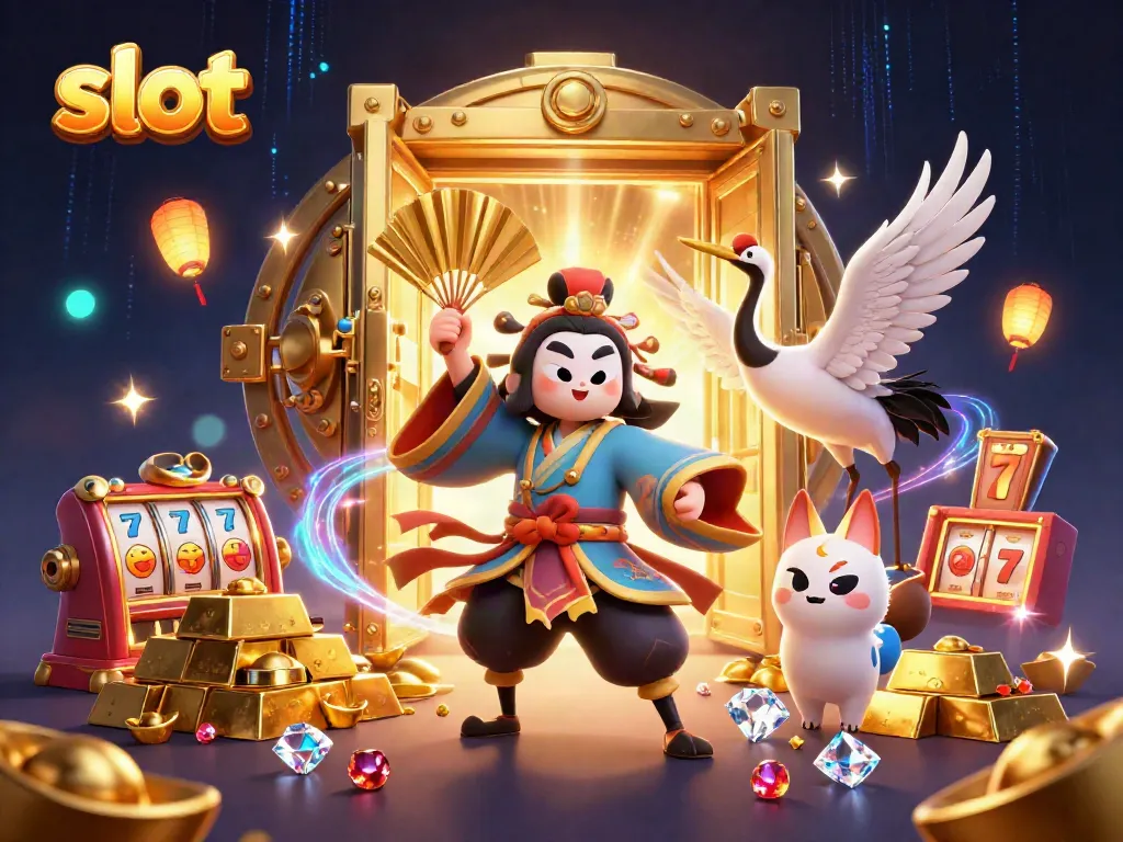 Experience thrilling slot action with dynamic characters and dazzling jackpots in this vibrant casino scene.