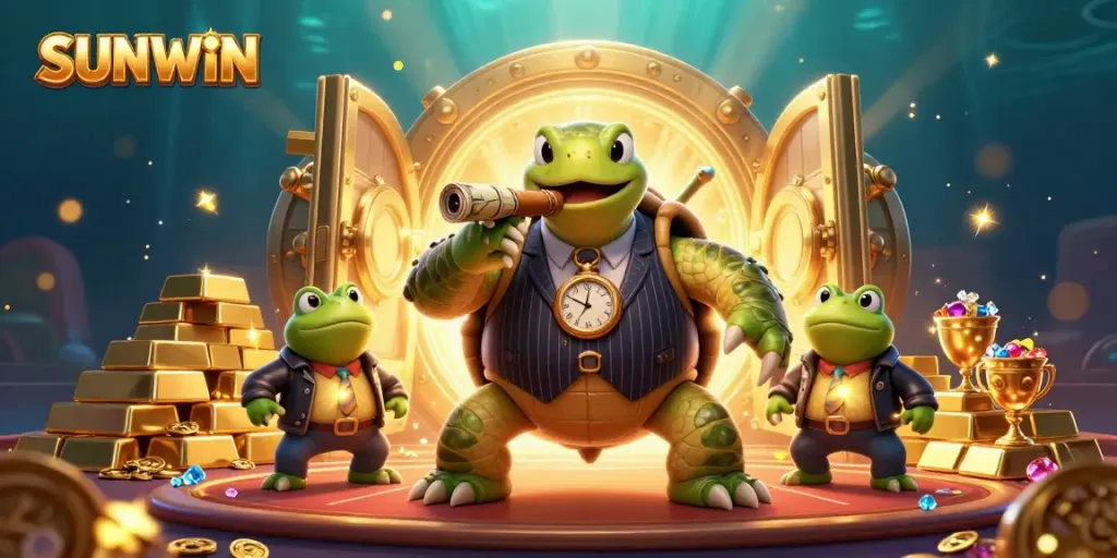 Visualize SUNWIN's vibrant casino scene with a turtle in a mobster suit and bullfrogs amidst treasures.