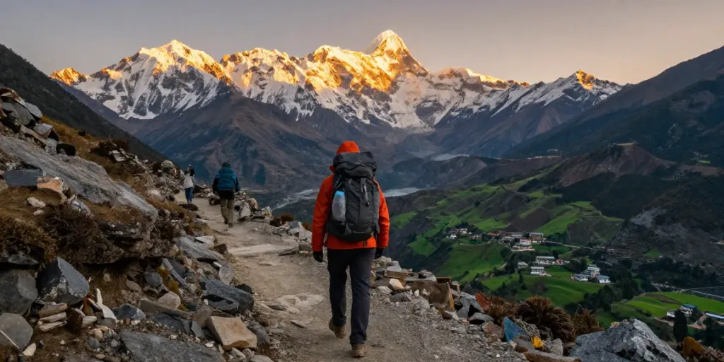Trek to Manaslu Circuit with stunning mountain views and vibrant traveler during sunrise.