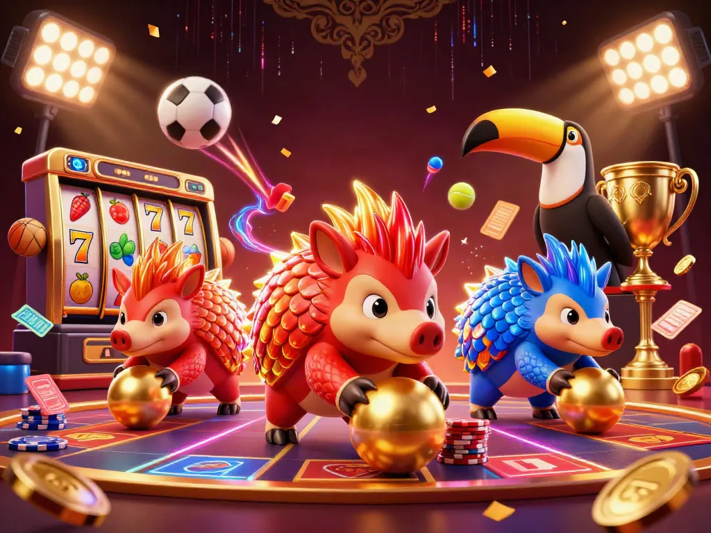Rivali pangolin dalam permainan slot dengan koin emas dan simbol buah sebagai latar belakang.
