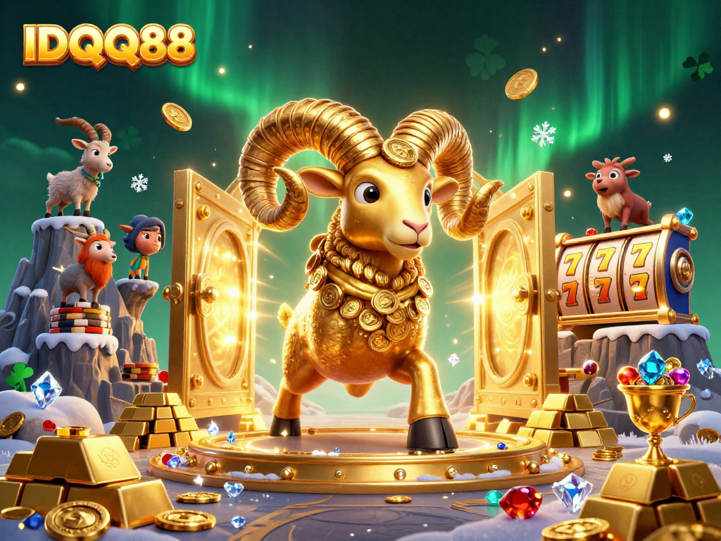 Experience vibrant action with IDQQ88 in a casino-themed scene, showcasing slot elements and rich treasures.