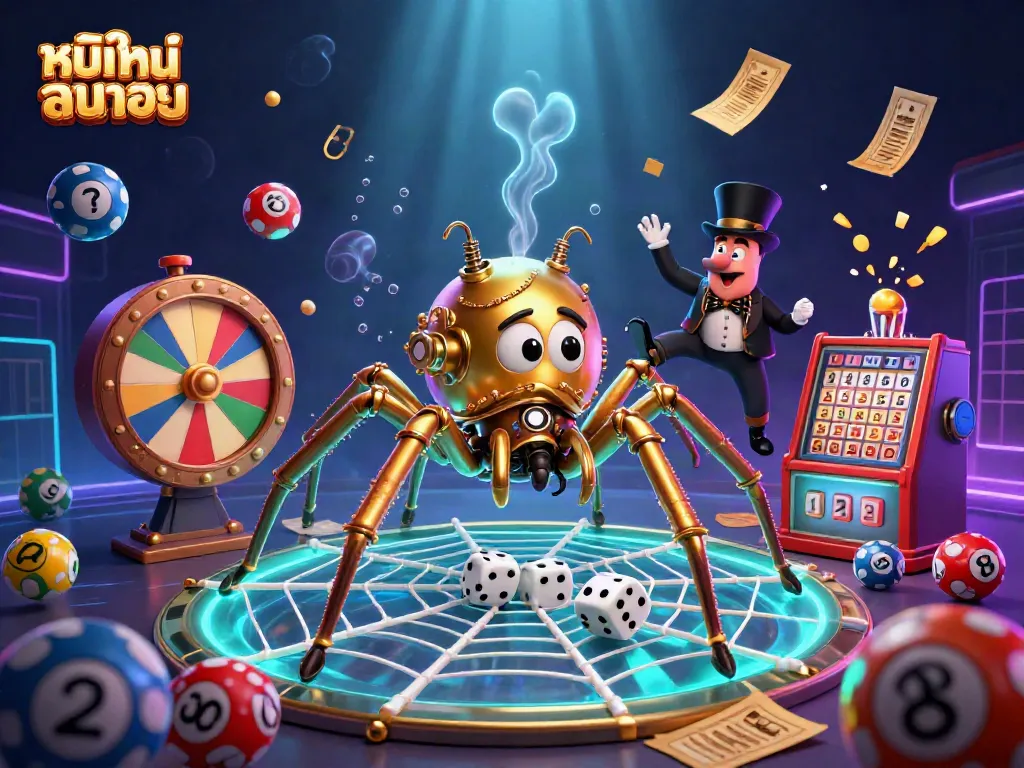Engage with หนังใหม่ชนโรง as a steampunk spider captures dice in a glowing casino web