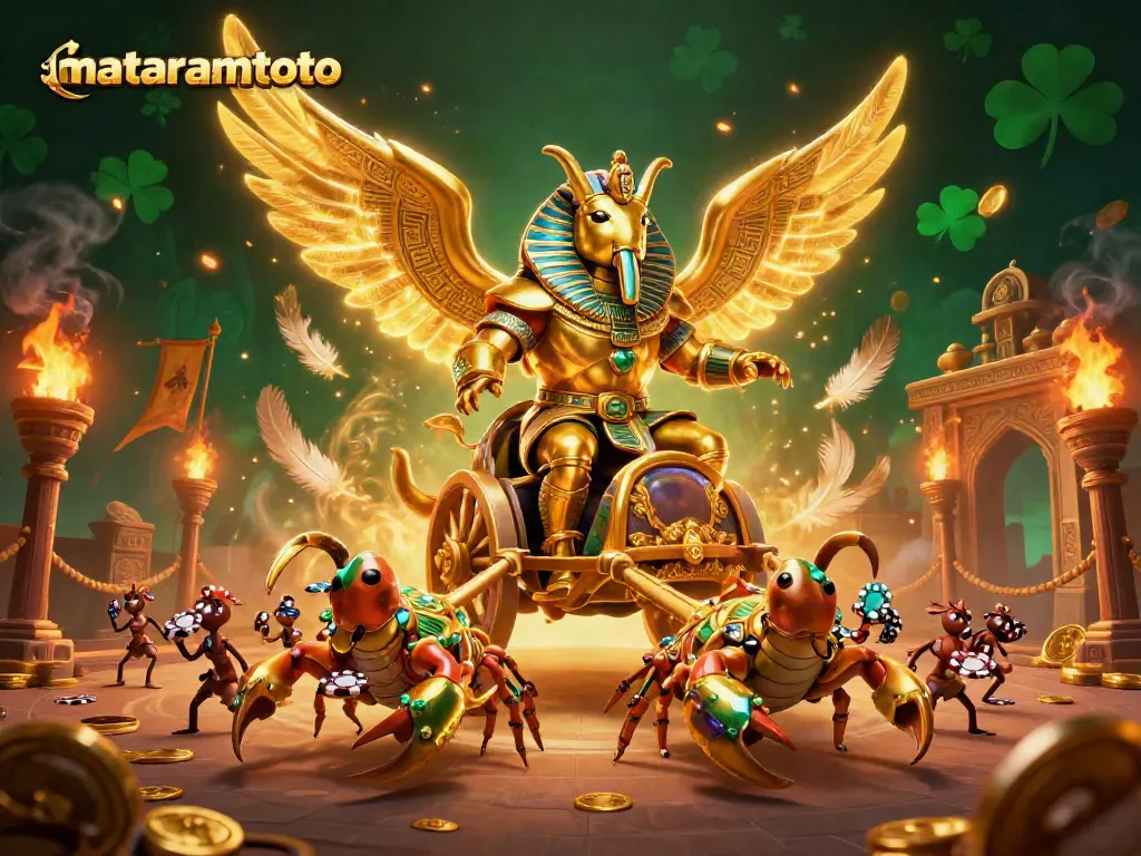 Engage in thrilling gameplay at mataramtoto with a vibrant casino scene featuring a golden scarab and poker elements.
