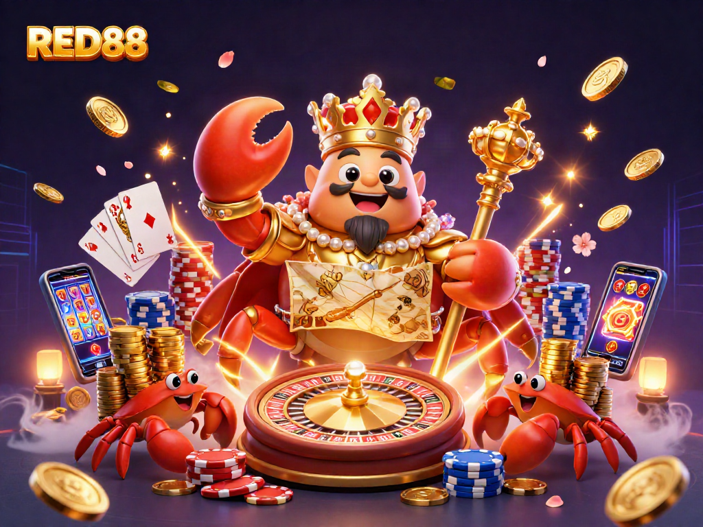 Play and win big at RED88 with the golden crab emperor amidst cascading coins and colorful chips.