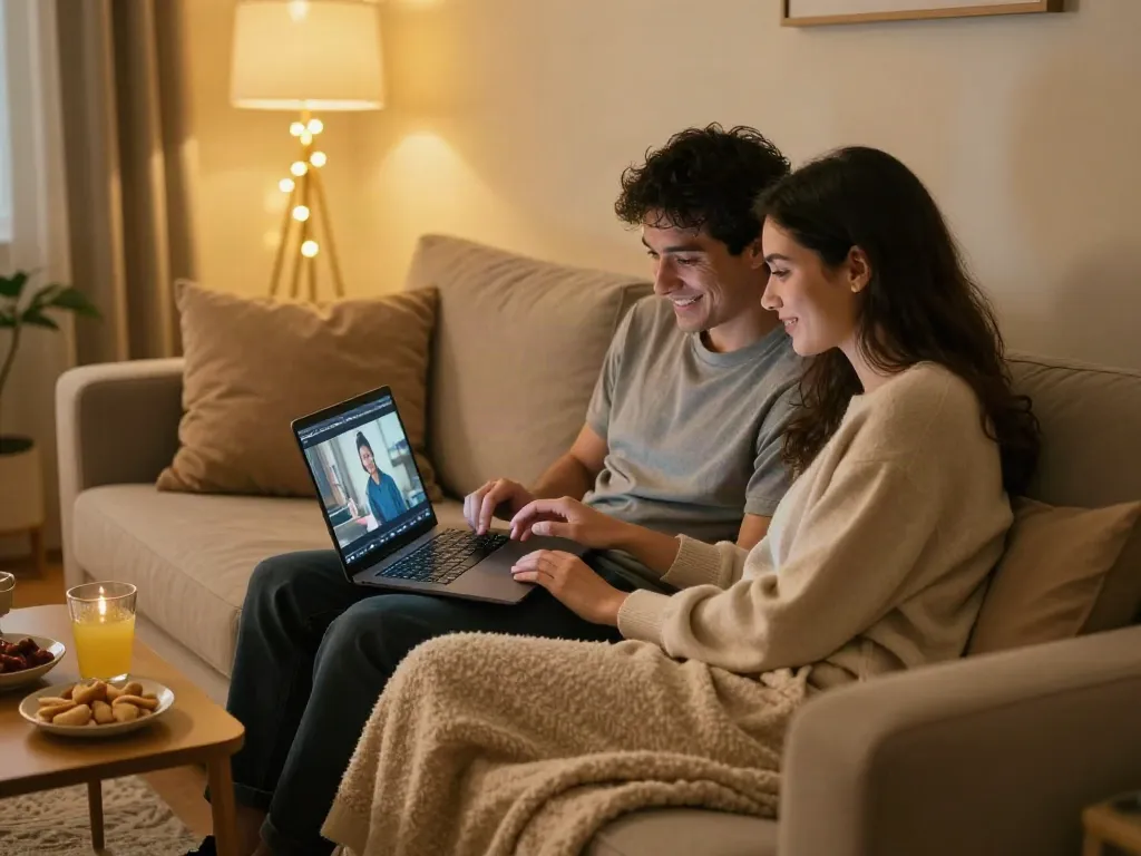 لقطة جميلة لزوجين يجلسان في غرفة معيشة دافئة يتابعان سكس محارم مترجم.