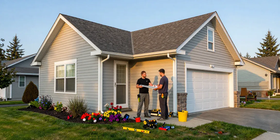 Professional team installing Spokane gutters on suburban home.