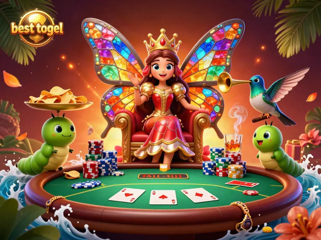 Mengambil kesempatan terbaik dengan besttogel, ilustrasi ratu kupu-kupu penuh detail di dunia kasino.
