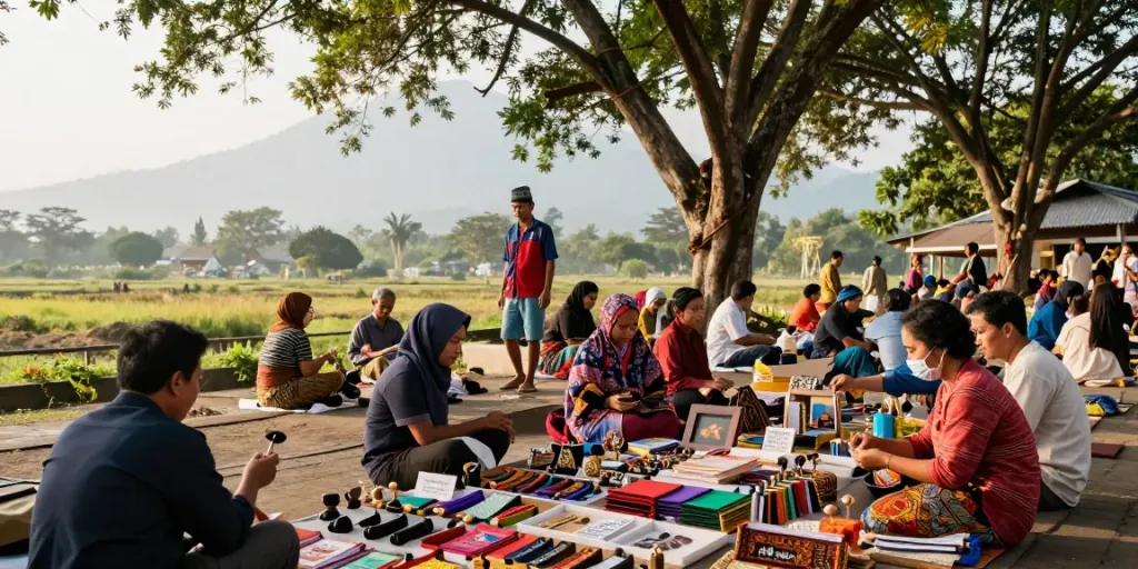 Pasar outdoor yang meriah menampilkan barang-barang tradisional dan alat tafsir mimpi, menggambarkan nuansa hangat dan keceriaan.