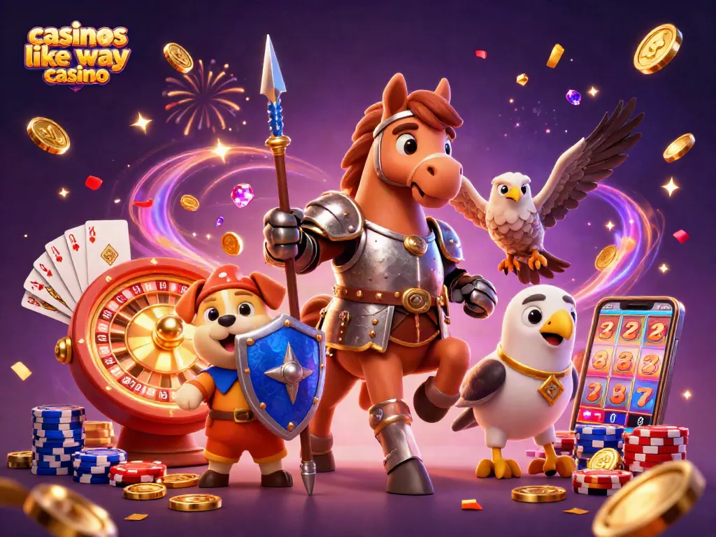 Engage with casinos like yay casino featuring a knight, puppy, and falcon amid dynamic casino elements.