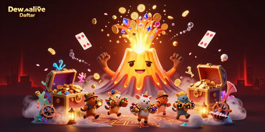 Dewalive Daftar showcases a golden volcano erupting treasure, surrounded by vibrant gambling elements.