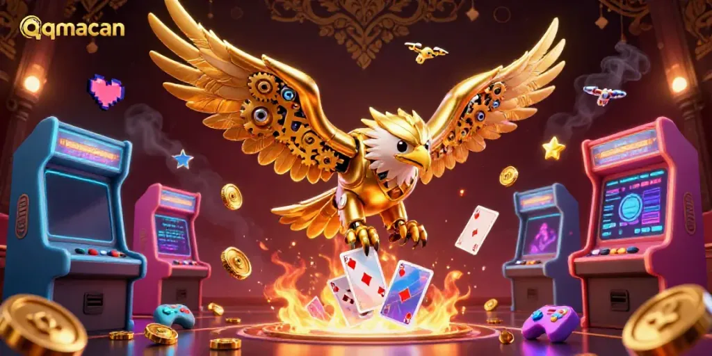 Engage with qqmacan's vibrant 3D gaming universe featuring a golden eagle diving through holographic cards.