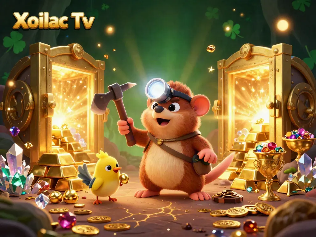 Xoilac Tv offers an immersive treasure hunting experience, showcasing dazzling gems and vibrant casino elements in a colorful scene.