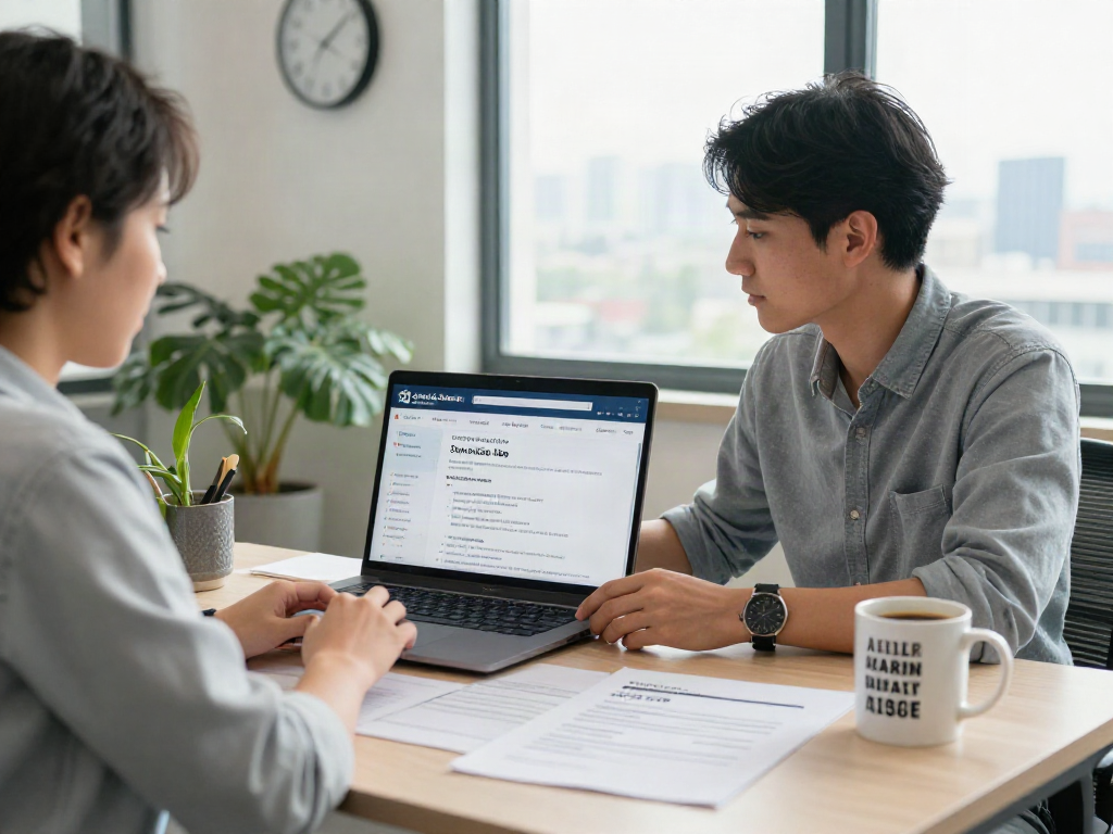 Engaged individual in business attire searching for หางาน opportunities with a laptop in a modern office.