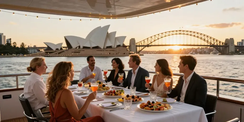 Private boat hire Sydney with guests celebrating aboard a luxury yacht at sunset.