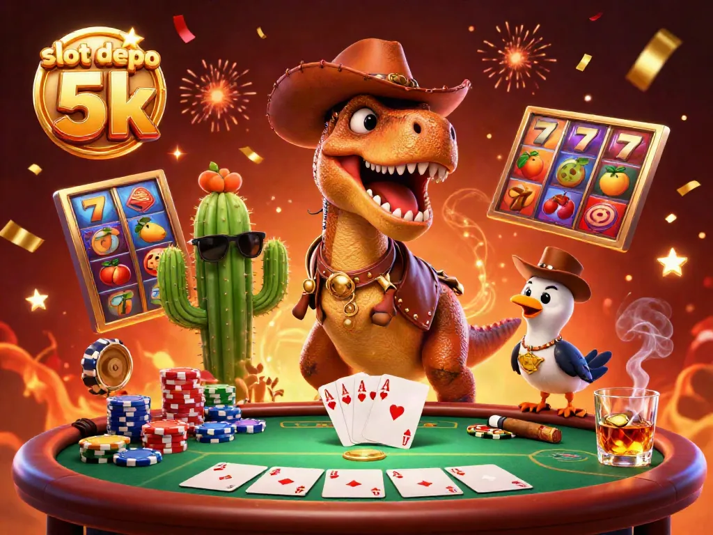 Play thrilling slot games with the vibrant scene of slot depo 5k featuring a cartoon dinosaur and friends.