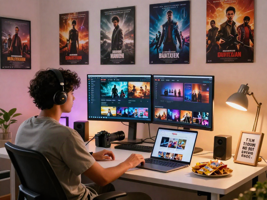 Explore the creative workspace of a film enthusiast engrossed in filmyzilla streaming.