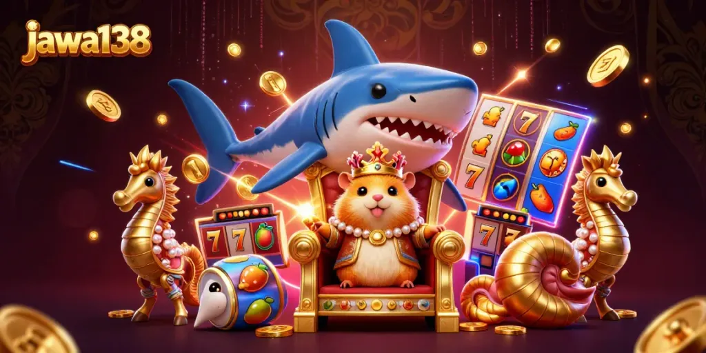 Experience exhilarating wins with jawa138's vibrant 3D casino illustration showcasing slots and jackpots.