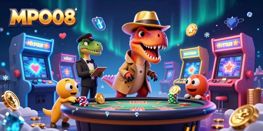 MPO08 showcases a velociraptor card counter sneaking chips at blackjack, capturing vibrant casino dynamics.