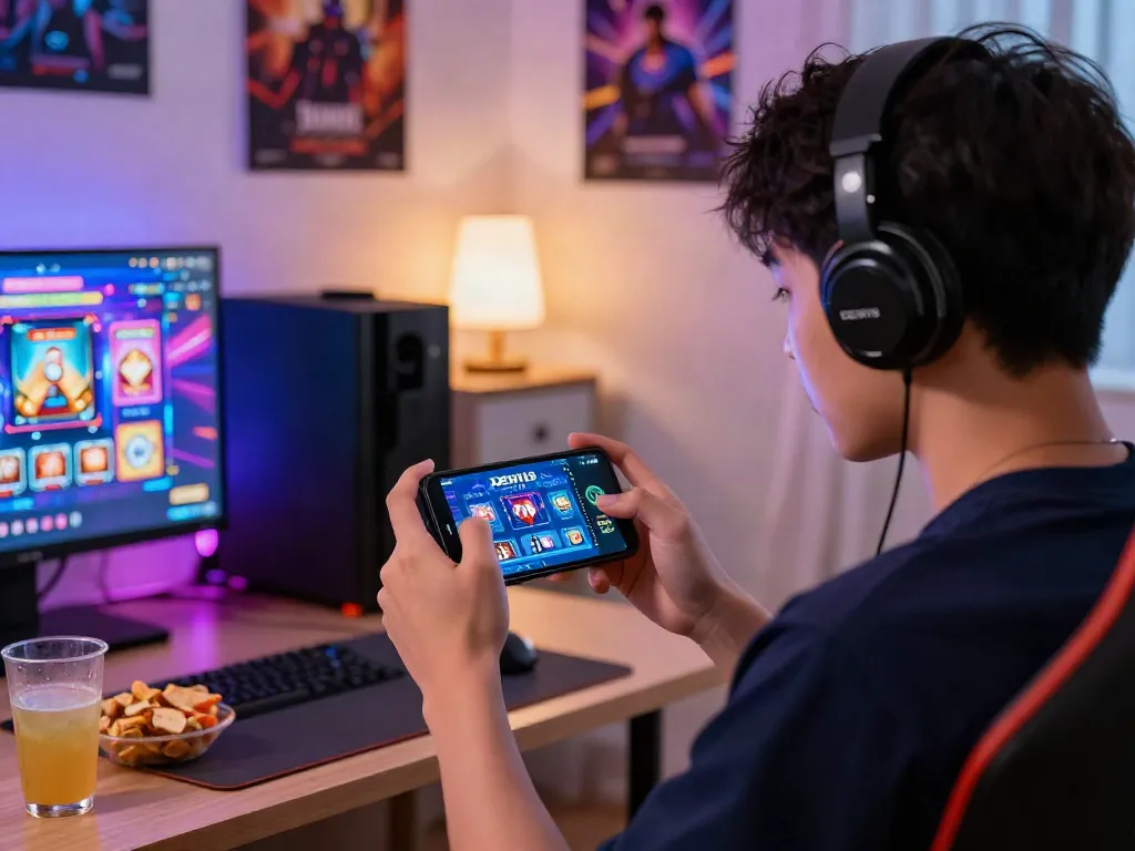 Pengguna bersemangat bermain game slot DEWI19 di ponsel, dikelilingi suasana nyaman di ruang tamu.