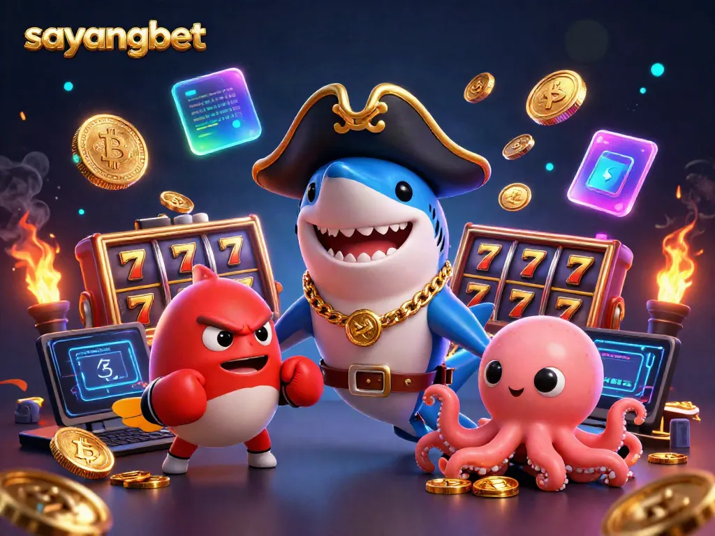 Join the fun with sayangbet in a vibrant 3D cartoon casino scene featuring a pirate shark, pufferfish, and gold coins.