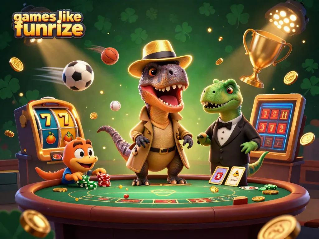 Experience the thrill with games like Funrize featuring a velociraptor card counter at a dynamic casino scene.